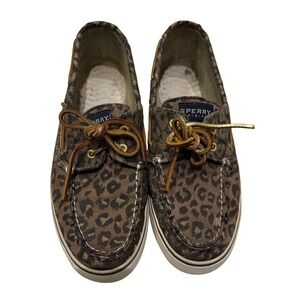 Sperry Top Sider Women Leopard Print Gold Boat Shoes Slip On Flats Size 9.5 M